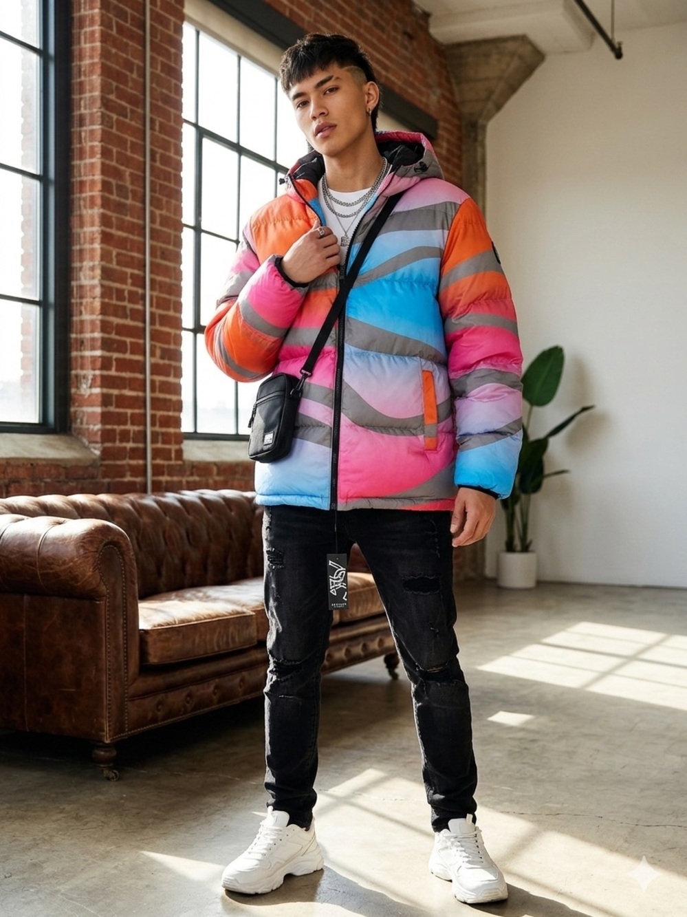 Reason Multicolor Colorblock Puffer Jacket - Orange Pink Blue Gray Black